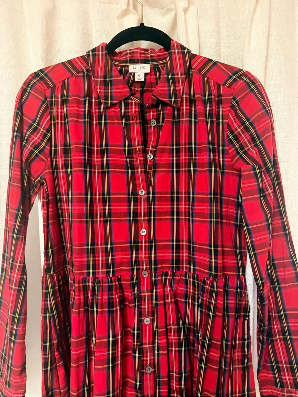 J. Crew Red Tartan Plaid Long sleeve button front shirt Dress women’s size 6